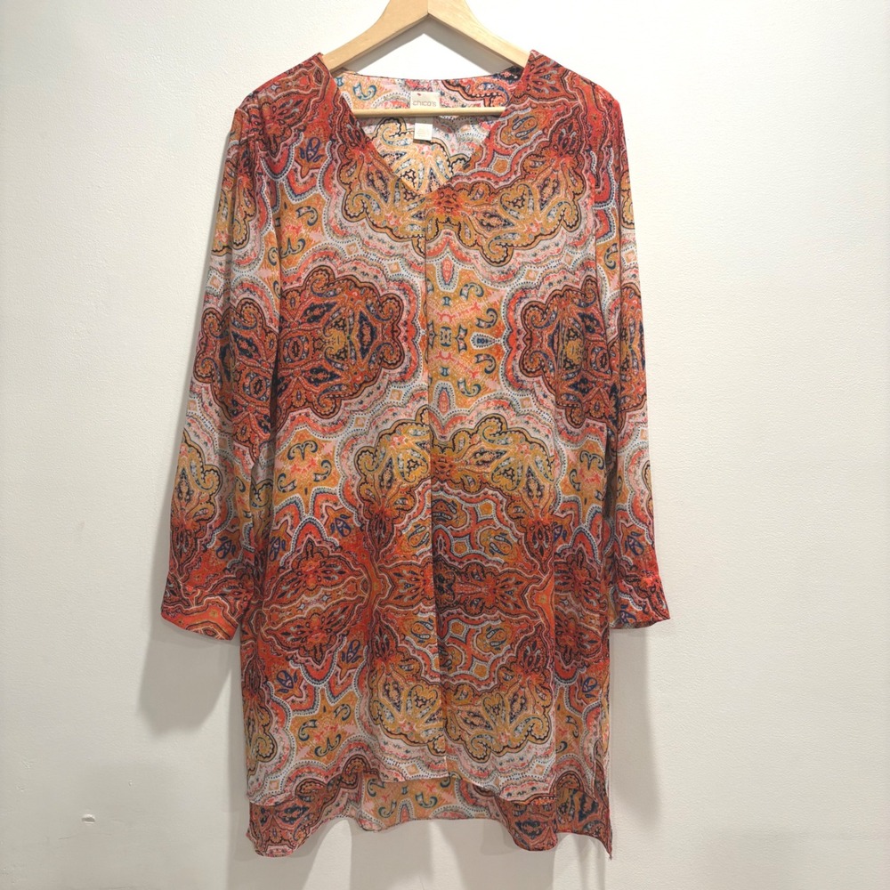 Chicos Coveted Paisley Split Long Sleeve Tunic Blouse Size 2 Lg Boho Eclectic